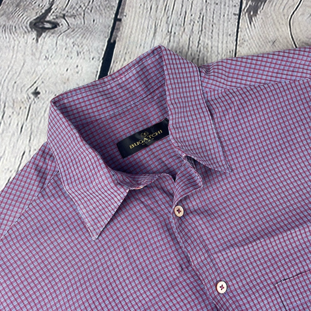 Bugatchi Uomo Shirt Mens Medium Purple Red Check‎ Button Up Long Sleeve